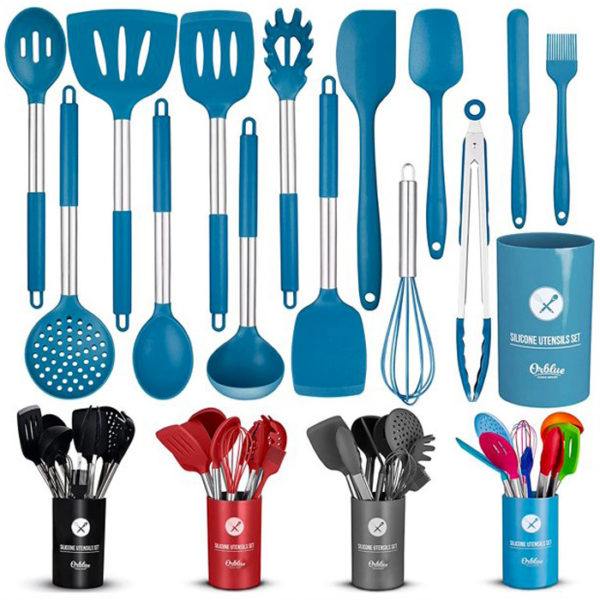 Orblue Silicone Cooking Utensil Set, 14-Piece Kitchen Utensils with Holder, Safe Food-Grade Silicone Heads and Stainless Steel Handles with Heat-Proof Silicone Handle Covers, Blue
