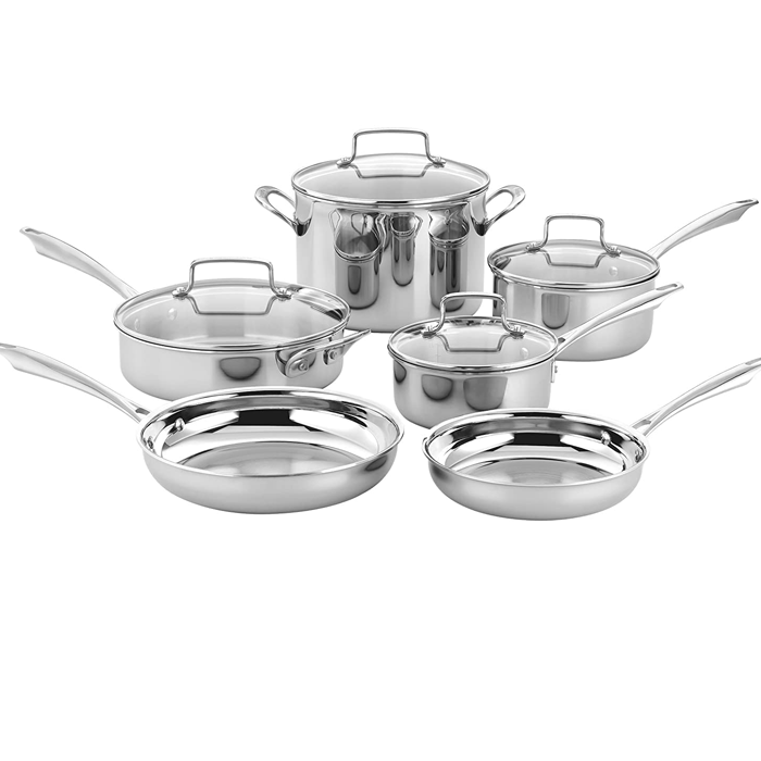 Cuisinart TPS-10 Professional Performance Tri-Ply 10-Piece Classic Cookware Set, Heat Surround Technology, Drip Free Pouring with Cool Grip Handles, Stainless Steel
